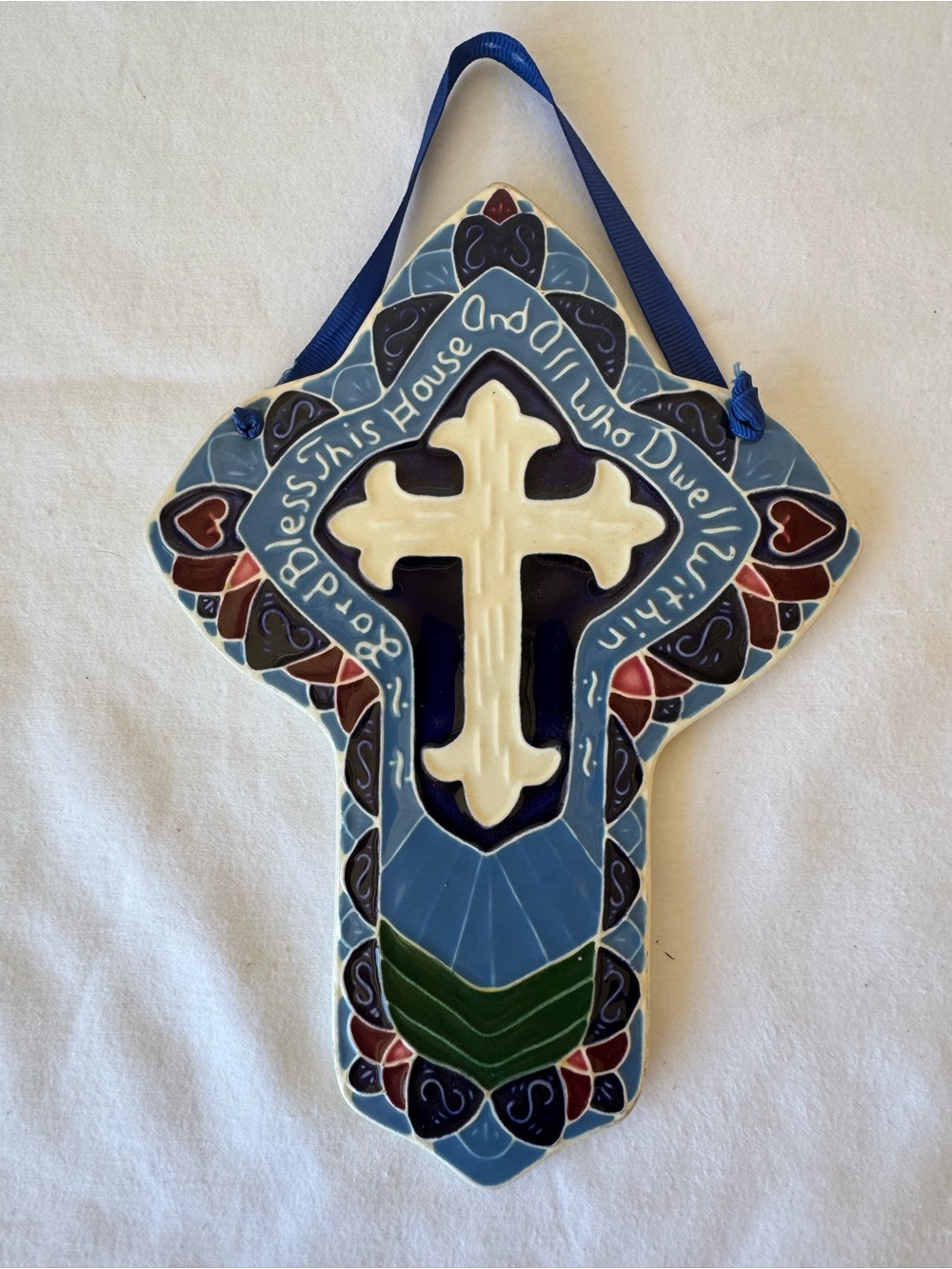 Ceramic Cross Wall Plaque in Blue, Cream & Green